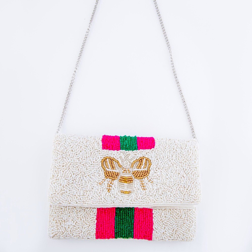 High quality Pink & Green Strip Bee crossbody clutch.
